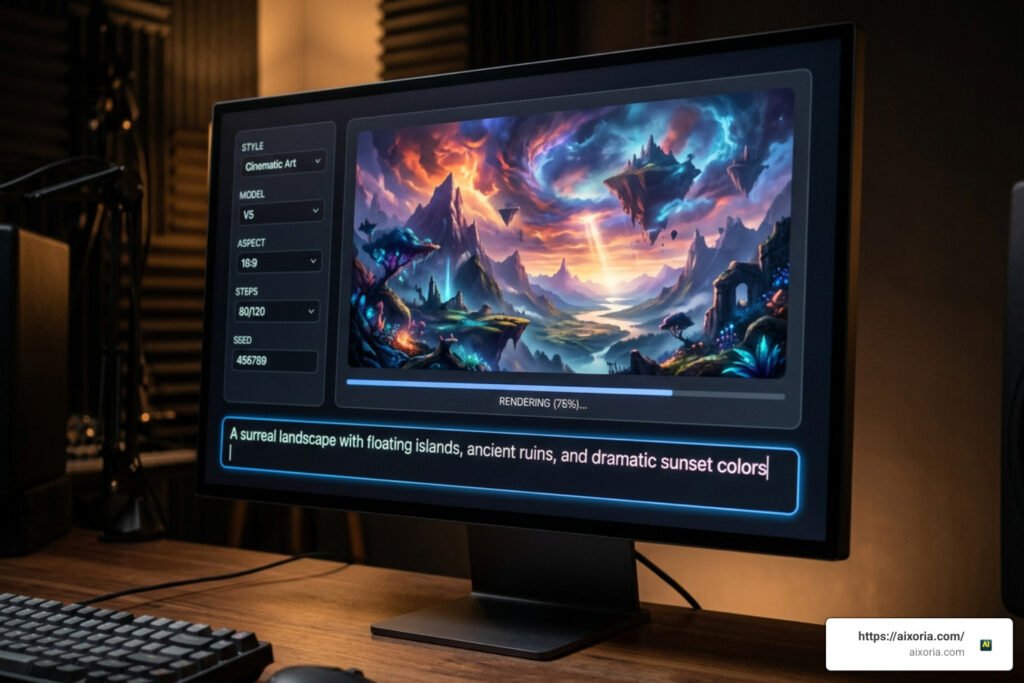 modern AI text prompt interface rendering visual artwork instantly
